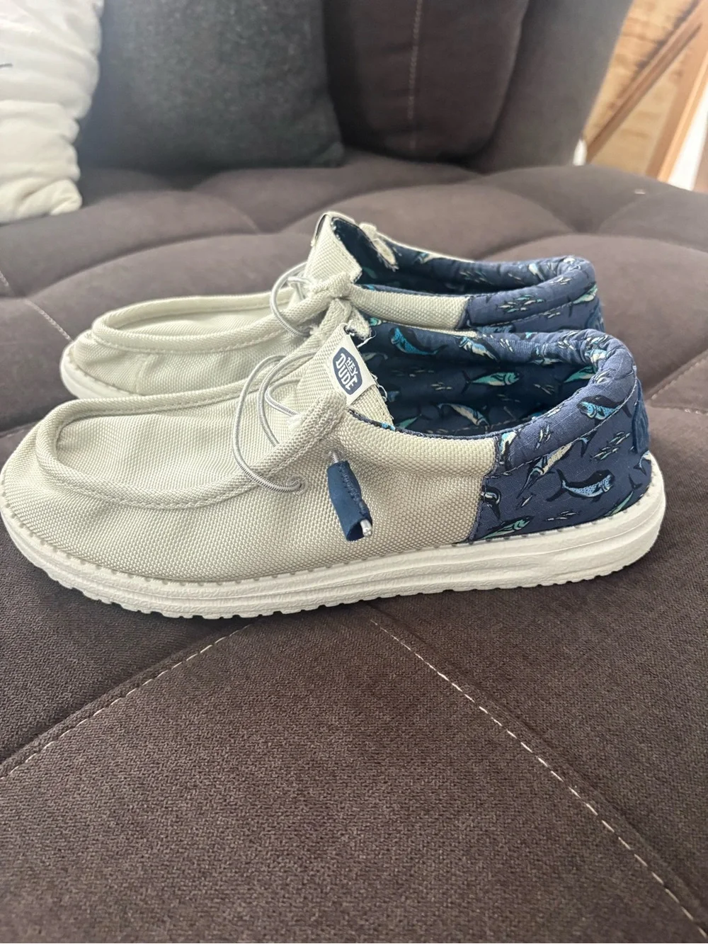 Hey Dude Wally Funk Blue Water Grey Canvas Slip-Ons with Navy Printed Collar